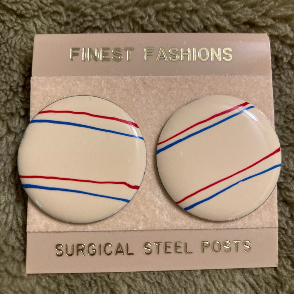 NWT Finest Fashions Vintage 80s Earrings Surgical Steel Post Round Tan Blue Red